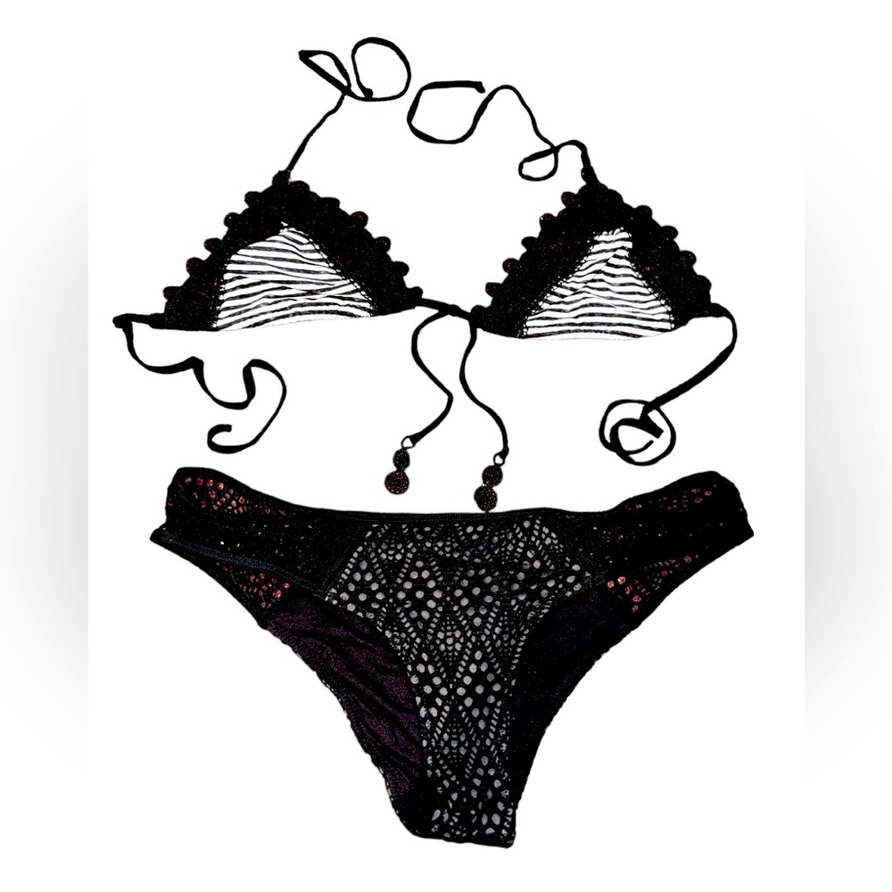 Sea Folly black/ white stripes lace triangle top 12 RipCurl bottoms M
